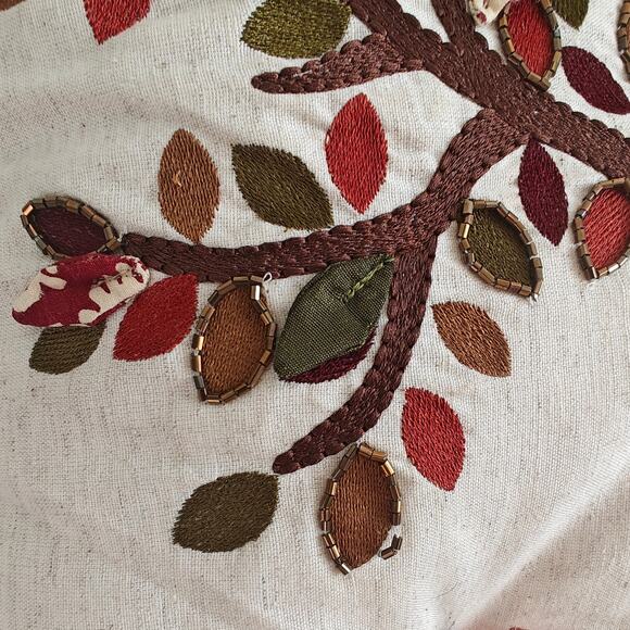 Pier 1 Embroidered Appliqued Pillow Tree Gold Green Orange Leaf Autumn Fall - Picture 2 of 8